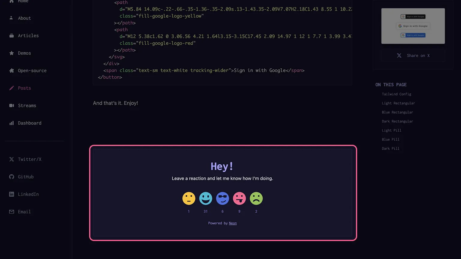 Screenshot of Reaction component on paulie.dev
