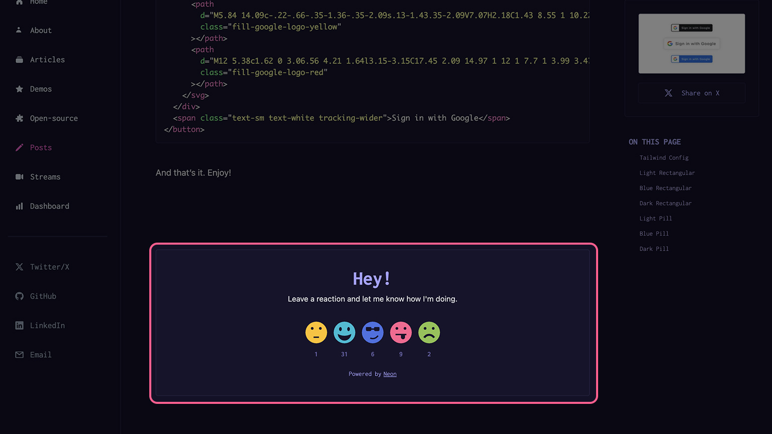Screenshot of Reaction component on paulie.dev