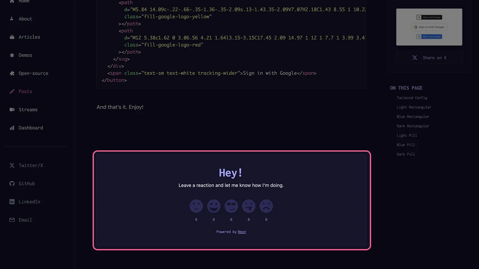 Screenshot of Reaction component loading on paulie.dev