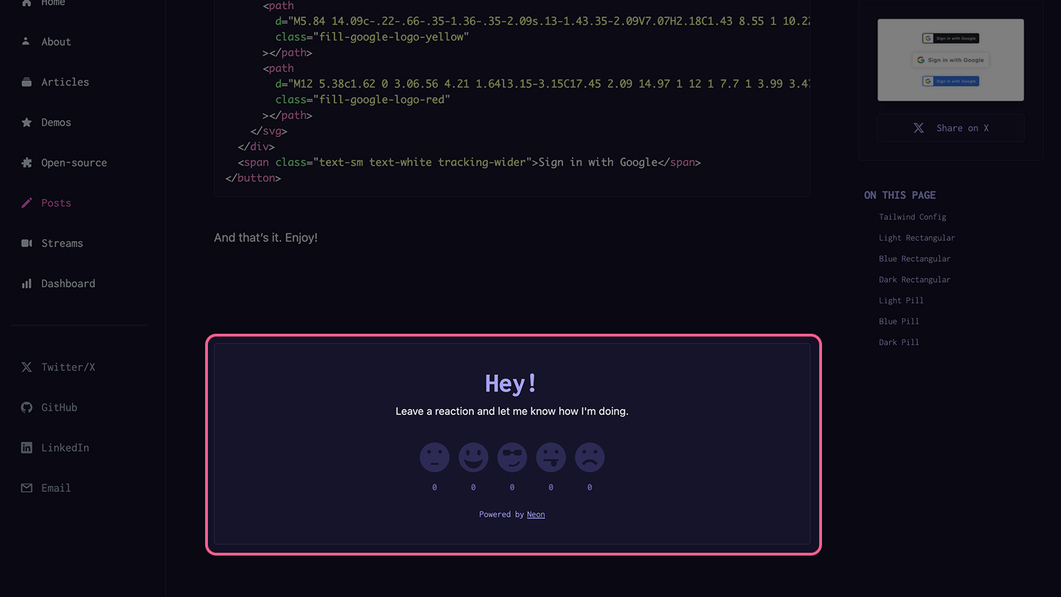 Screenshot of Reaction component loading on paulie.dev