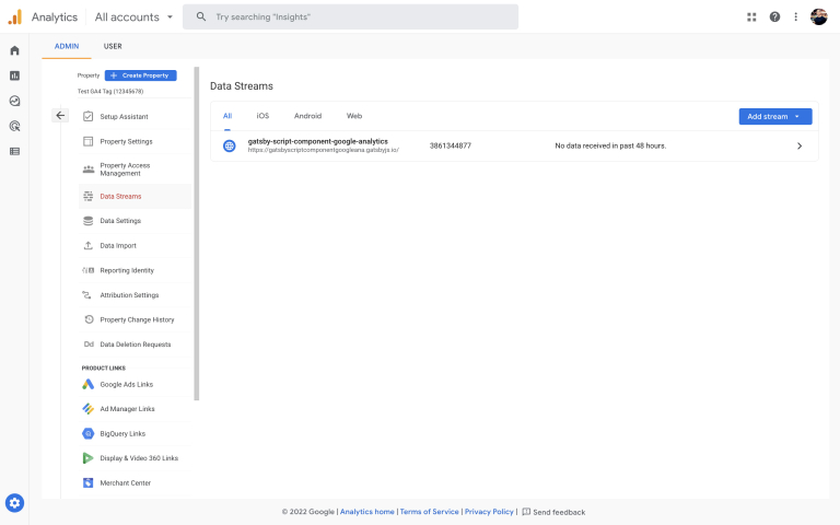 Screenshot of Google Analytics Data Streams