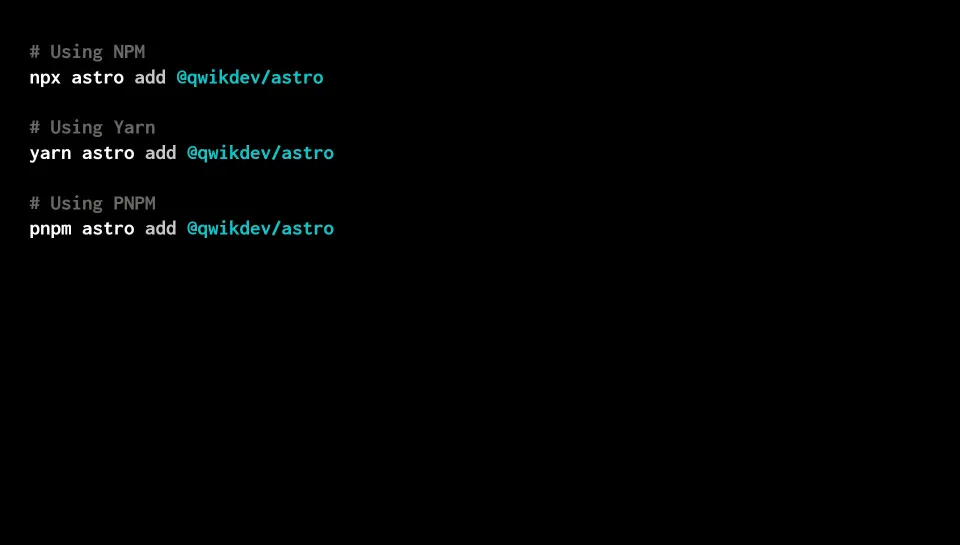 Screenshot of @qwikdev/astro install options