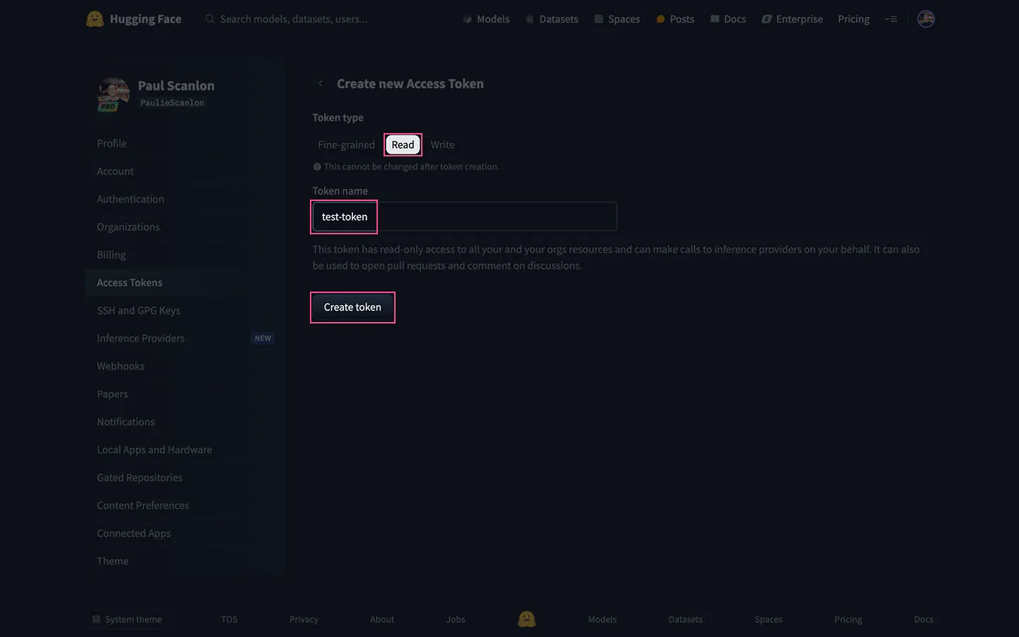 Screenshot of access token create