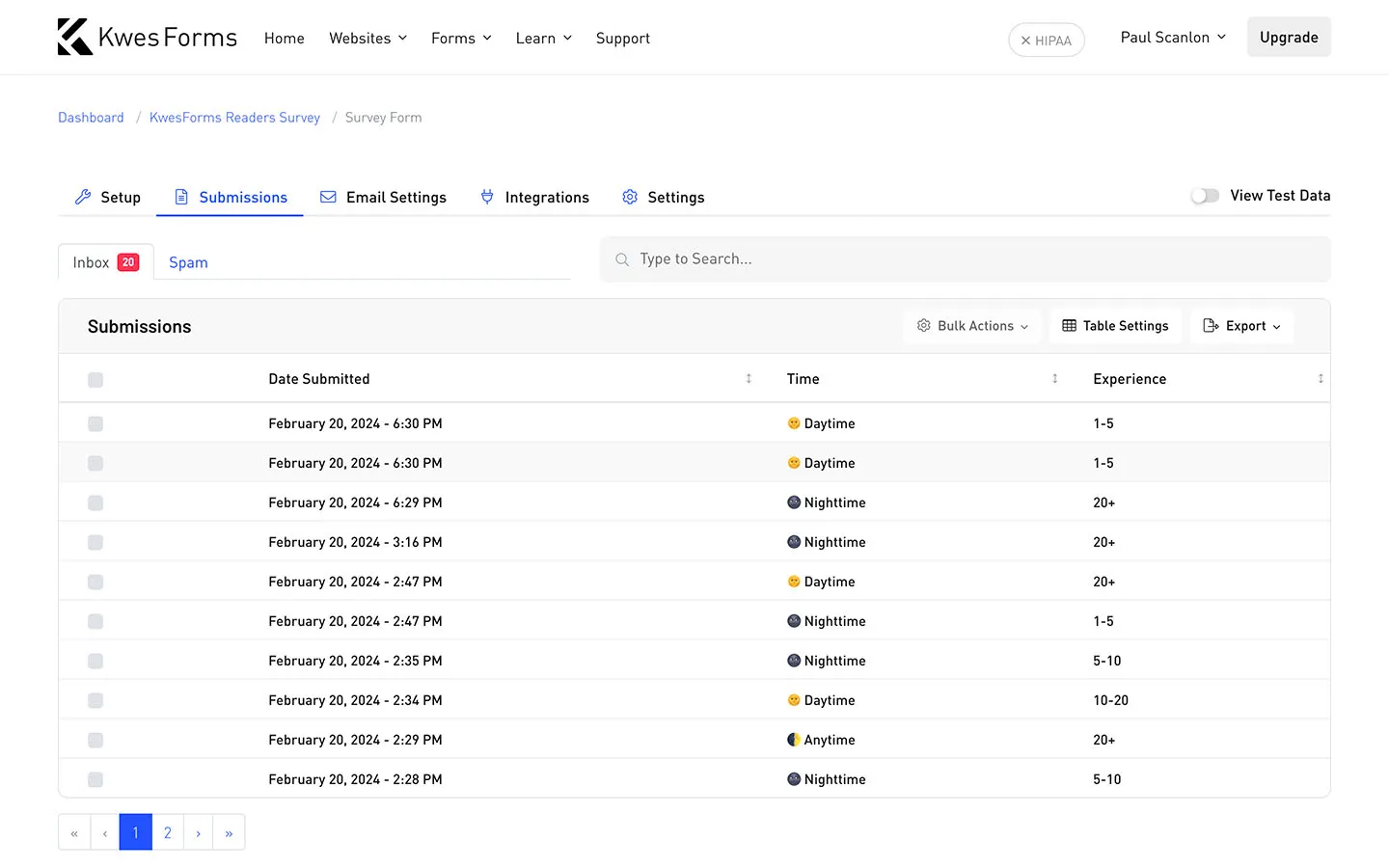 Screenshot of KwesForms submissions